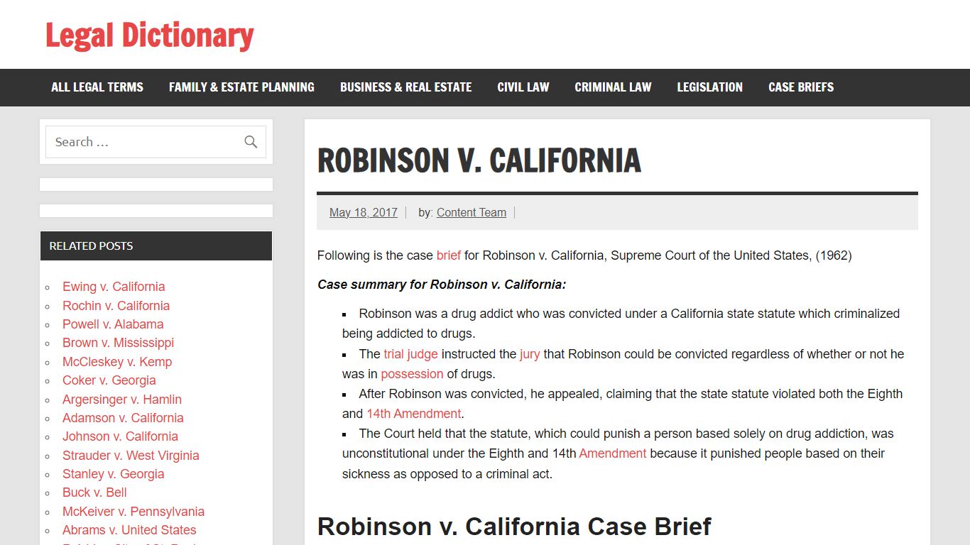 Robinson v. California - Case Summary and Case Brief - Legal Dictionary